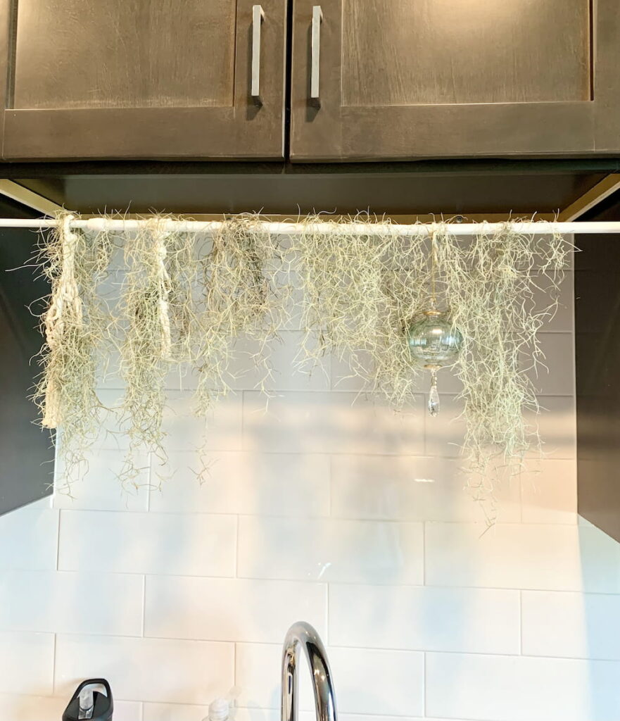 Spanish moss hanging from a tension rod between two cabinets