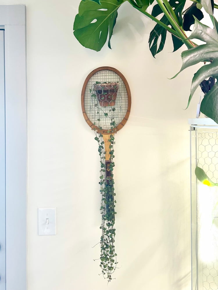 string of hearts hanging from a plant hanger made from a vintage tennis racket