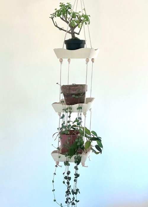 three-tier plant hanger with plants on a white background